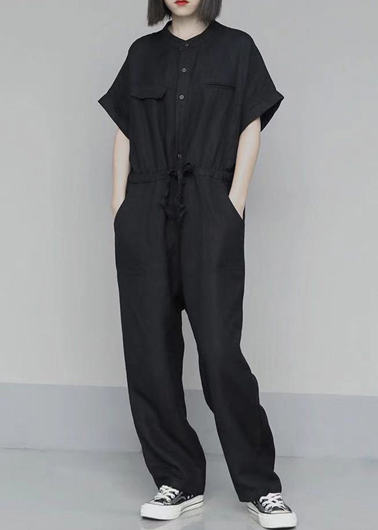 French Black Oversized Tie Waist Cotton Overalls Jumpsuit Summer