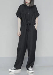 French Black Oversized Tie Waist Cotton Overalls Jumpsuit Summer