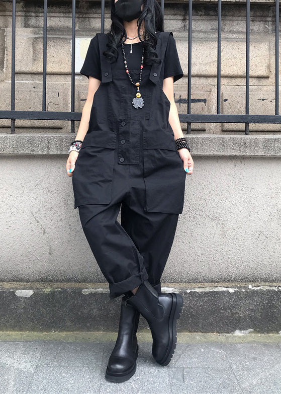 French Black Patchwork Button Solid Jumpsuit Summer