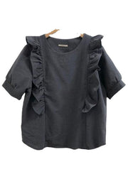 French Black Patchwork Ruffles Cotton Blouse Top Lantern Sleeve