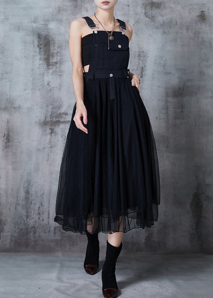 French Black Patchwork Tulle Long Dresses Summer