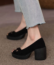 French Black Peep Toe Genuine Leather Platform Heels