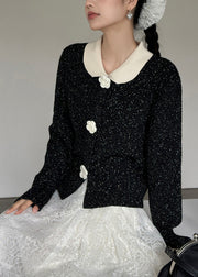 French Black Peter Pan Collar Floral Button Knit Cardigan Spring