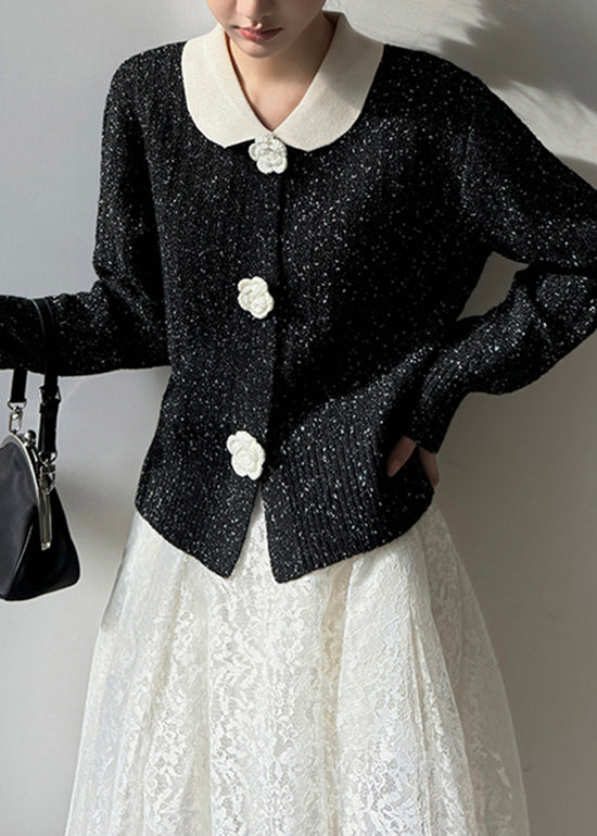 French Black Peter Pan Collar Floral Button Knit Cardigan Spring