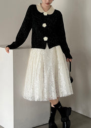 French Black Peter Pan Collar Floral Button Knit Cardigan Fall