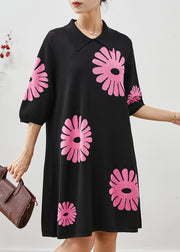 French Black Peter Pan Collar Floral Cotton Mid Dresses Summer