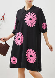 French Black Peter Pan Collar Floral Cotton Mid Dresses Summer