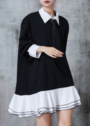 French Black Peter Pan Collar Patchwork Cotton Dress Fall