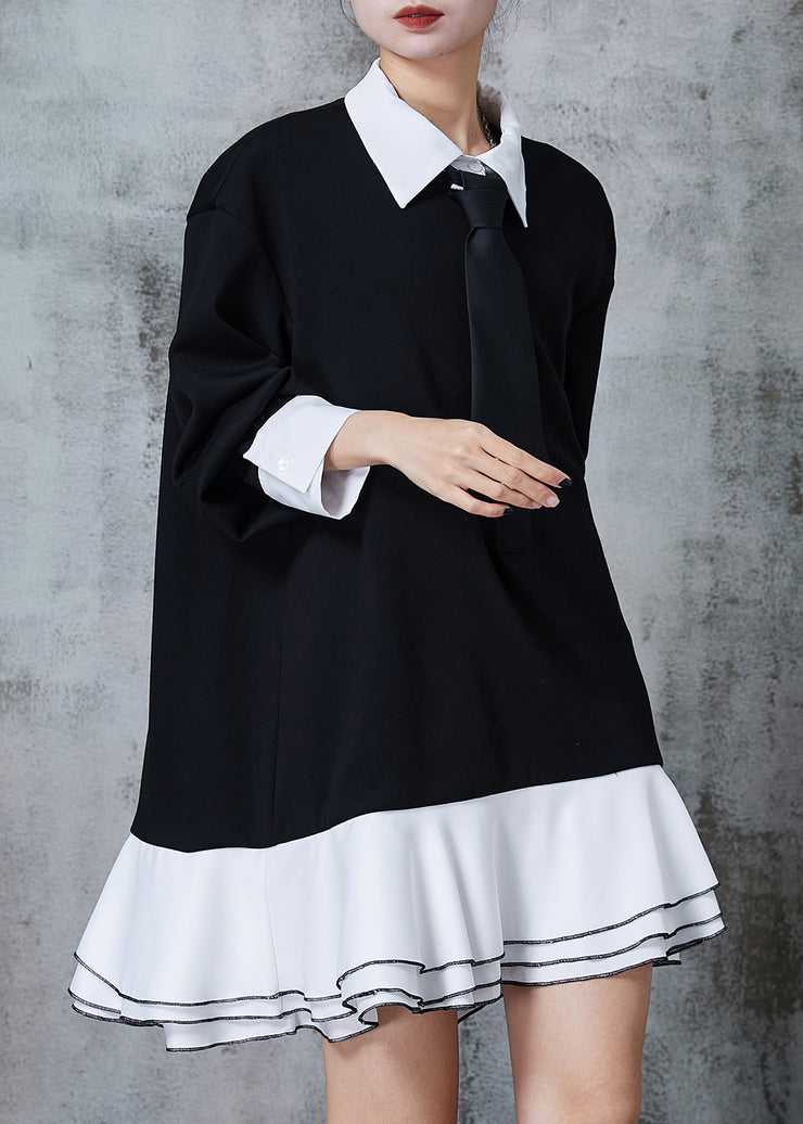 French Black Peter Pan Collar Patchwork Cotton Dress Fall