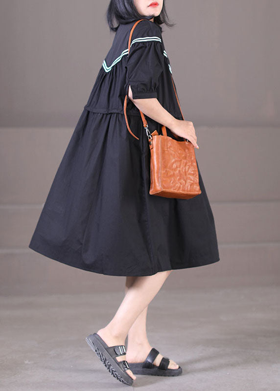 French Black Peter Pan Collar Patchwork Drawstring Cotton Shirt Dress Summer