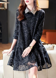 French Black Peter Pan Collar Patchwork Lace Dresses Spring