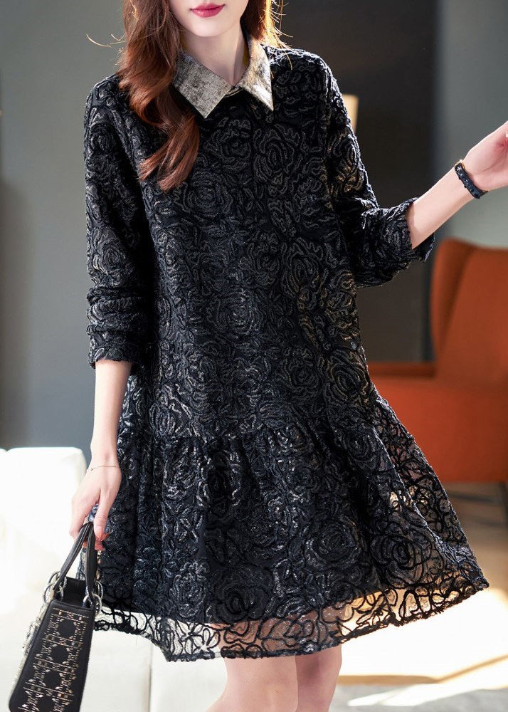 French Black Peter Pan Collar Patchwork Lace Dresses Spring