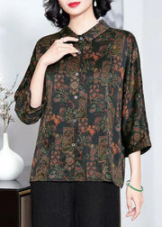 French Black Peter Pan Collar Print Button Silk Shirts Bracelet Sleeve