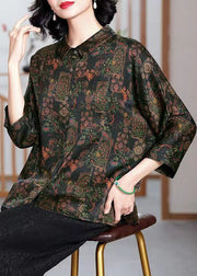 French Black Peter Pan Collar Print Button Silk Shirts Bracelet Sleeve