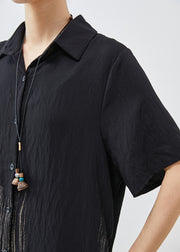 French Black Peter Pan Collar Print Cotton Shirt Dress Summer