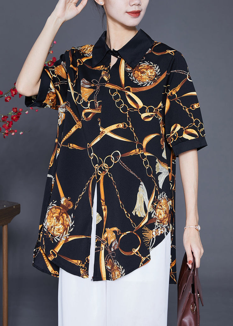 French Black Peter Pan Collar Print Side Open Chiffon Shirt Tops Summer