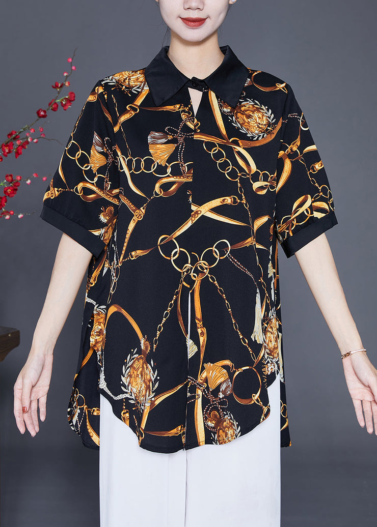 French Black Peter Pan Collar Print Side Open Chiffon Shirt Tops Summer