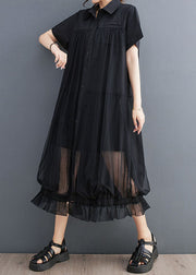 French Black Peter Pan Collar Wrinkled Patchwork Tulle Shirts Dress Summer