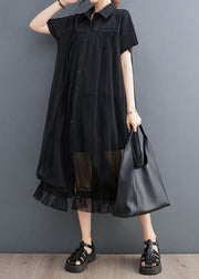 French Black Peter Pan Collar Wrinkled Patchwork Tulle Shirts Dress Summer