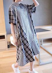 French Black Plaid Patchwork Button Long Shirts Dresses Short Sleeve