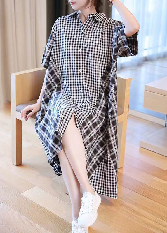 French Black Plaid Patchwork Button Long Shirts Dresses Short Sleeve