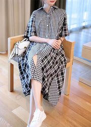 French Black Plaid Patchwork Button Long Shirts Dresses Short Sleeve