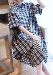 French Black Plaid Patchwork Button Long Shirts Dresses Short Sleeve