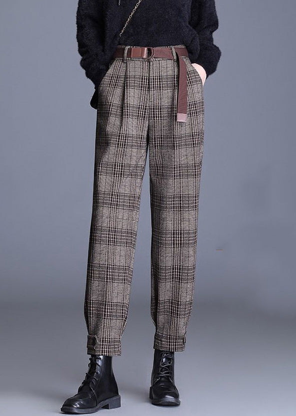 French Black Plaid Pockets High Waist Woolen Crop Pants Spring