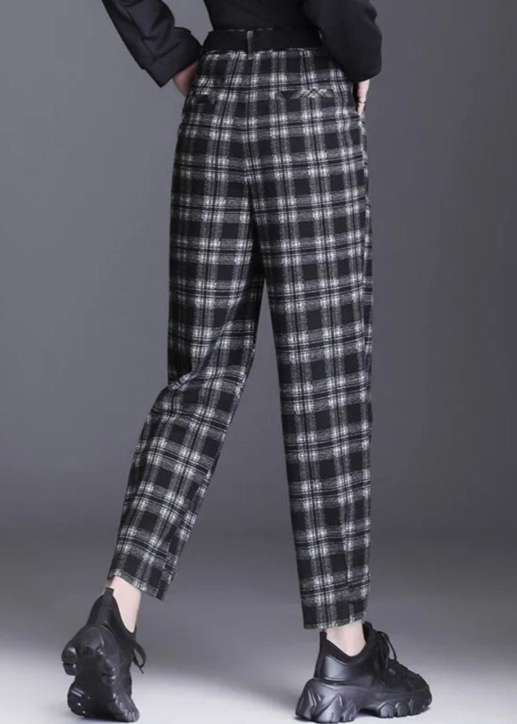 French Black Plaid Pockets High Waist Woolen Crop Pants Spring