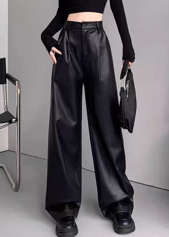 French Black Pockets Elastic Waist Faux Leather Pants Winter