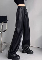 French Black Pockets Elastic Waist Faux Leather Pants Winter