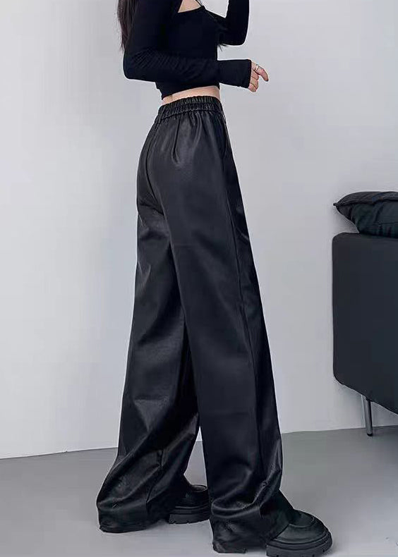 French Black Pockets Elastic Waist Faux Leather Pants Winter