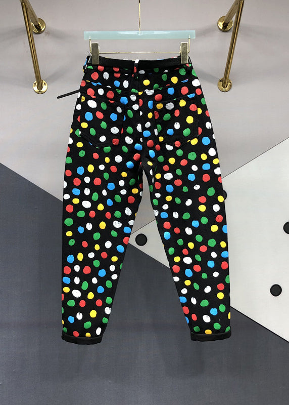 French Black Pockets Multi Dot Print Patchwork Denim Pants Fall