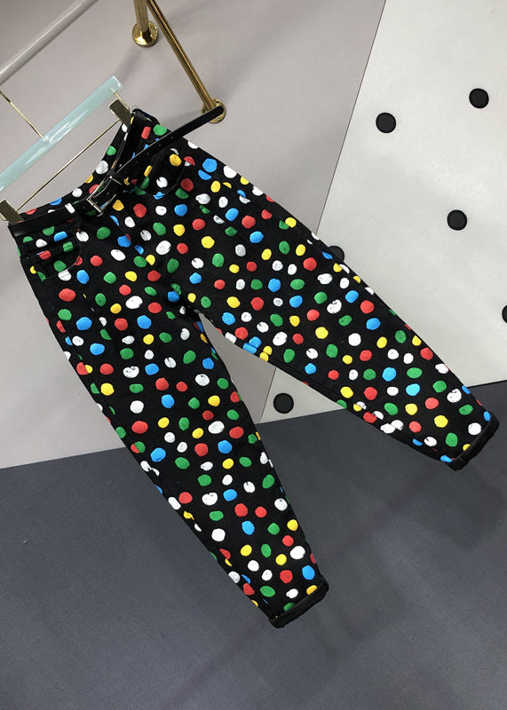 French Black Pockets Multi Dot Print Patchwork Denim Pants Fall