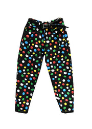 French Black Pockets Multi Dot Print Patchwork Denim Pants Fall