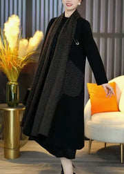 French Black Pockets Patchwork Knit Long Cardigans Winter