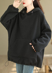 French Black Pockets Patchwork Warm Fleece Hoodies Pullover Winter