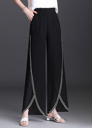 French Black Pockets Side Open Chiffon Pants Summer