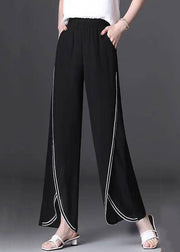 French Black Pockets Side Open Chiffon Pants Summer