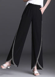 French Black Pockets Side Open Chiffon Pants Summer