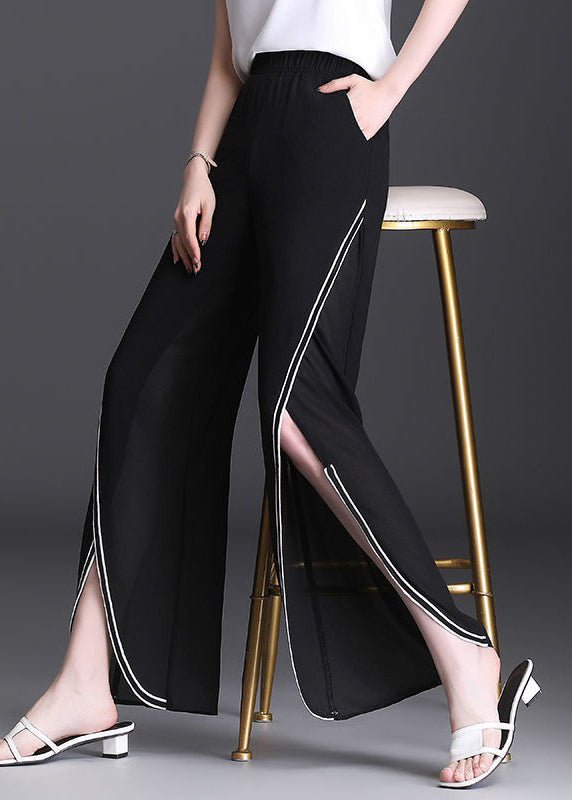 French Black Pockets Side Open Chiffon Pants Summer