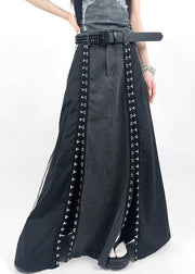 French Black Pockets Side Open Denim Patchwork Skirt Spring