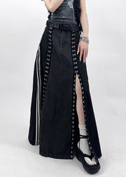 French Black Pockets Side Open Denim Patchwork Skirt Spring