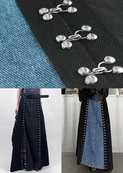 French Black Pockets Side Open Denim Patchwork Skirt Spring