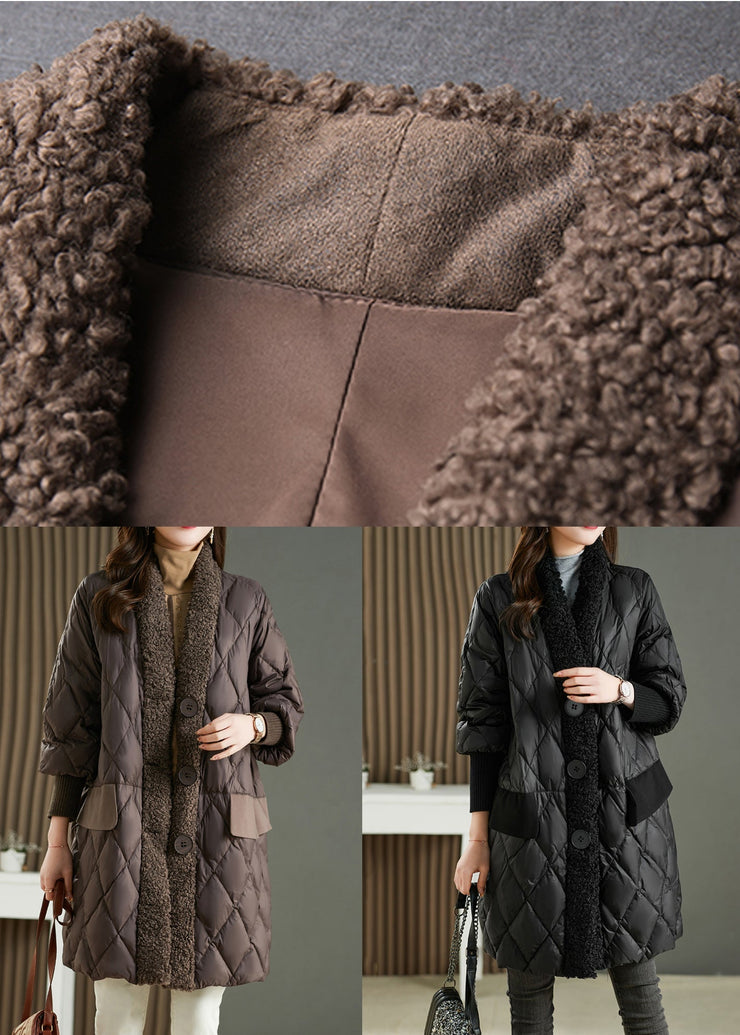 French Black PocketsTeddy Faux Fur Patchwork Duck Down Parka Winter