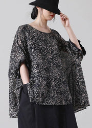 French Black Print Batwing Sleeve Cotton Shirt Top Short Sleeve Summer