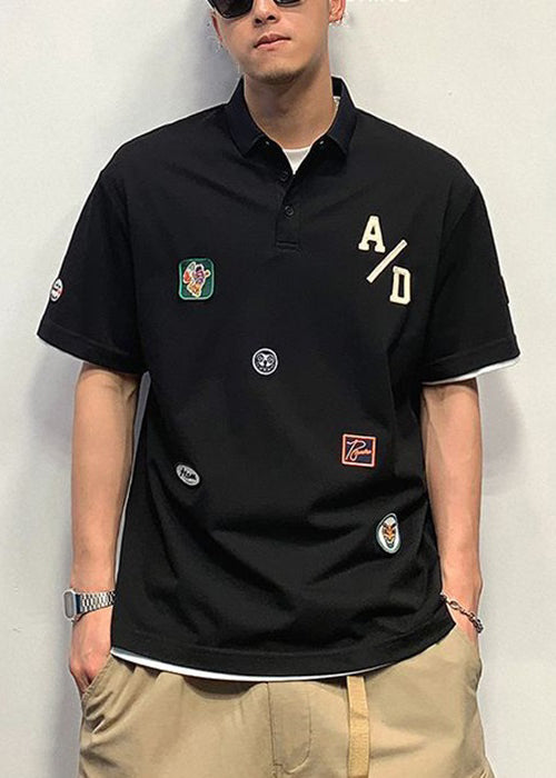 French Black Print Button Cotton Men Polo Shirt Summer