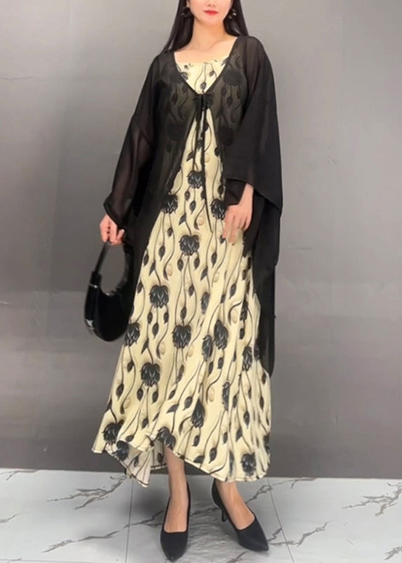 French Black Print Cardigans And Maxi Dress Two Pieces Set Spring