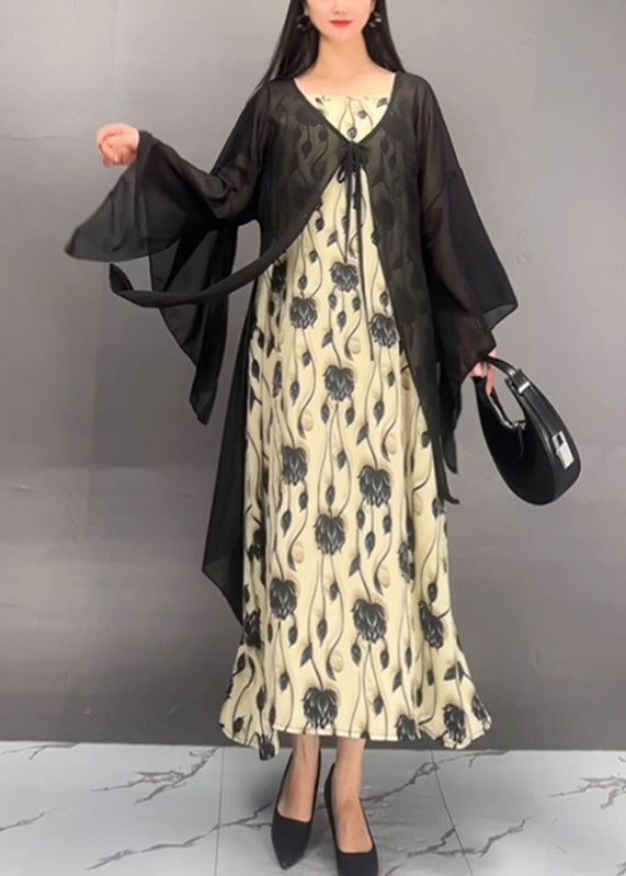 French Black Print Cardigans And Maxi Dress Two Pieces Set Spring