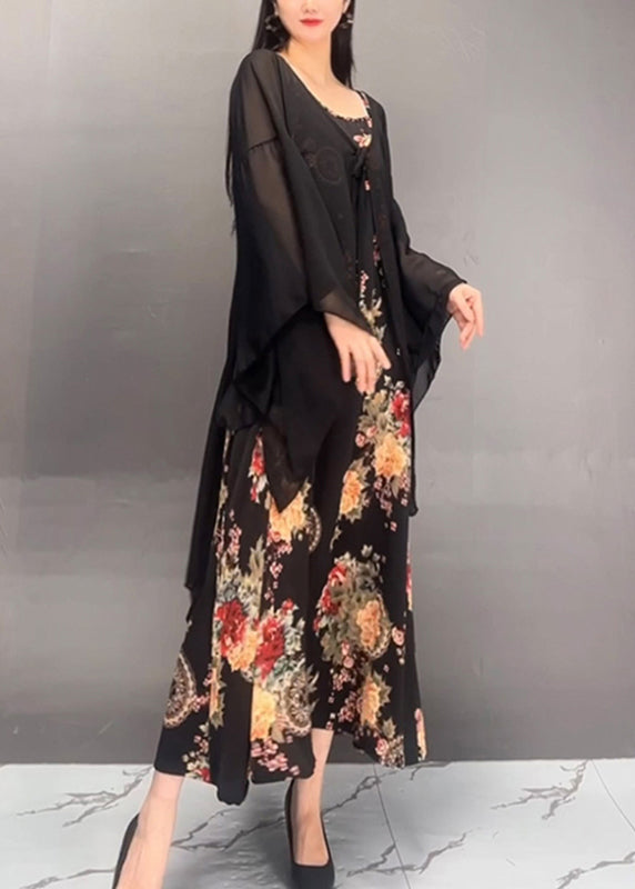 French Black Print Cardigans And Maxi Dress Two Pieces Set Spring